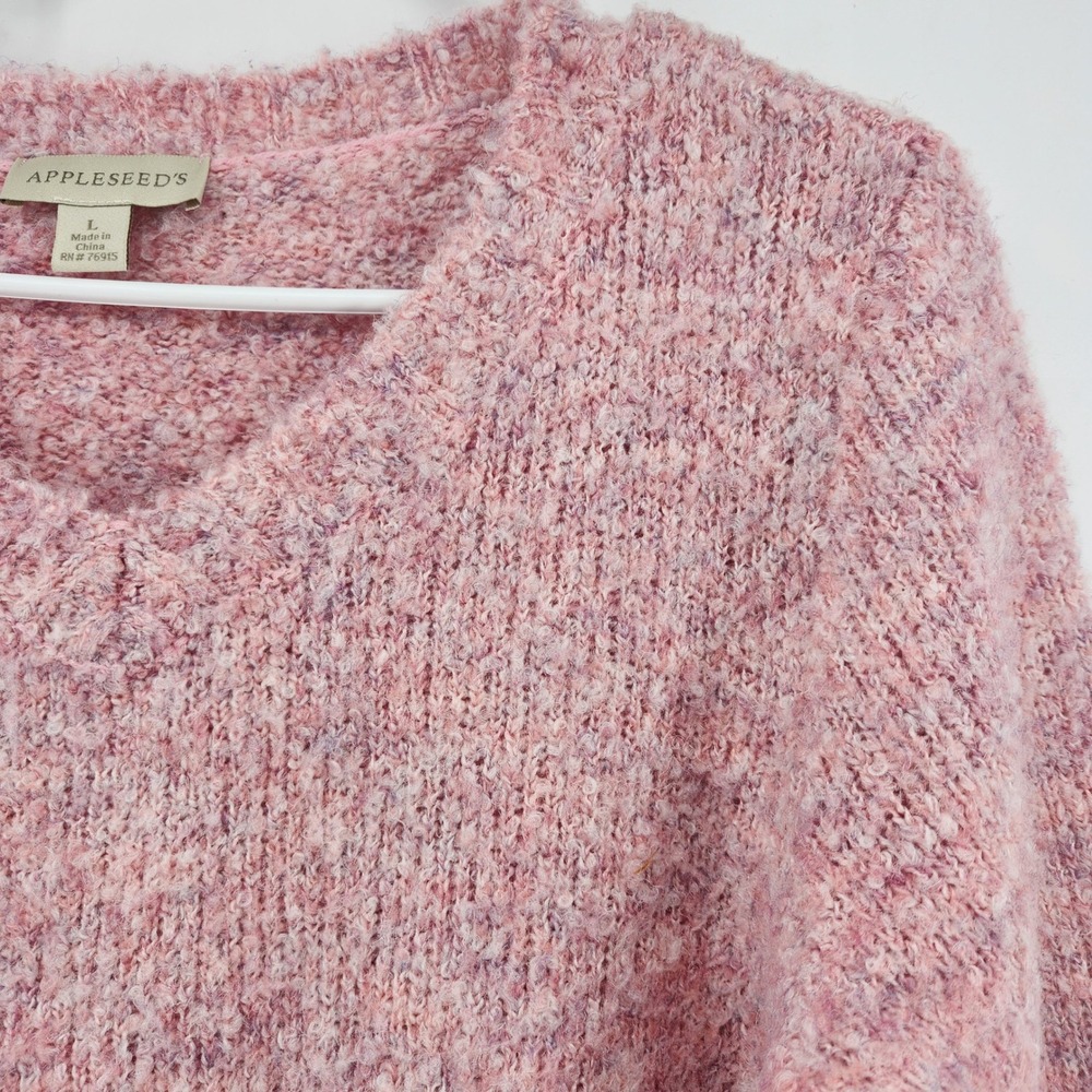 Appleseeds Womens Large Pink Marled Boucle V-Neck Long Sleeve Knit Sweater Pull - Picture 2 of 5